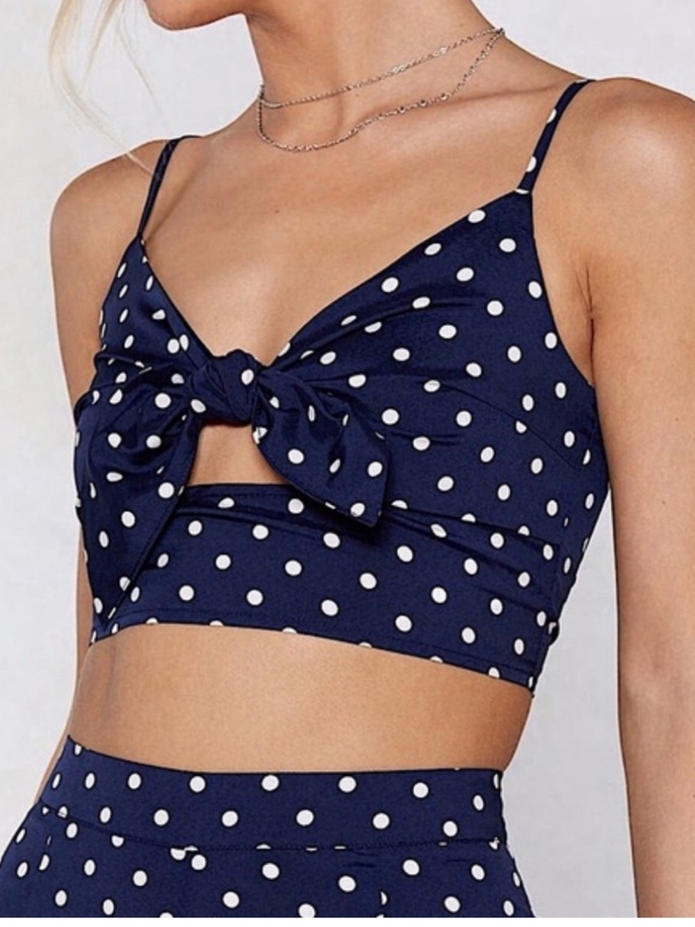 NWT Nasty Gal Navy Polka Dot Tie Front Bralette Crop Top Size 6 Smocked Back